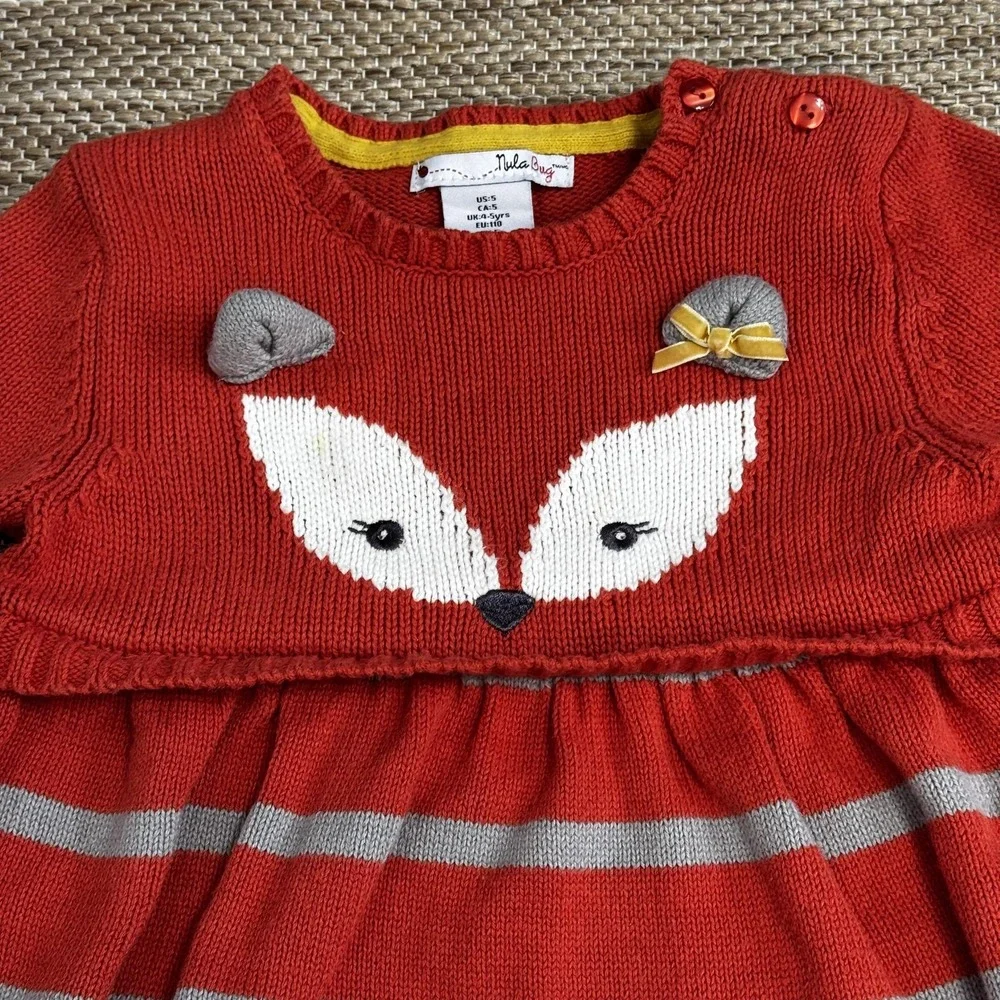Nula Bug Sweater Dress Girls 5 Orange Gray Striped Fox Knit Long Sleeve Cute Bow